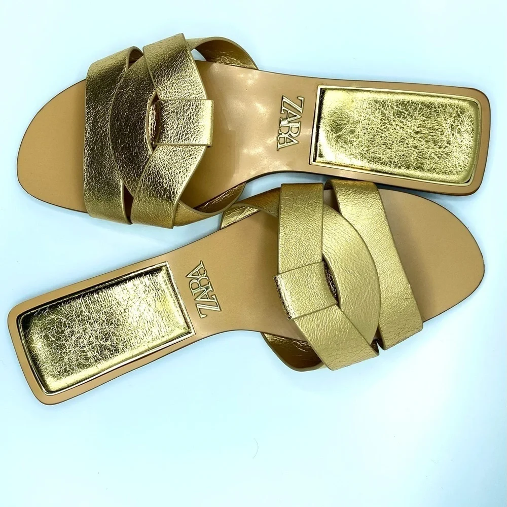 Zara Metallic Gold Cross Strap Women's Sandals Size EU 39 US8 - Picture 9 of 13